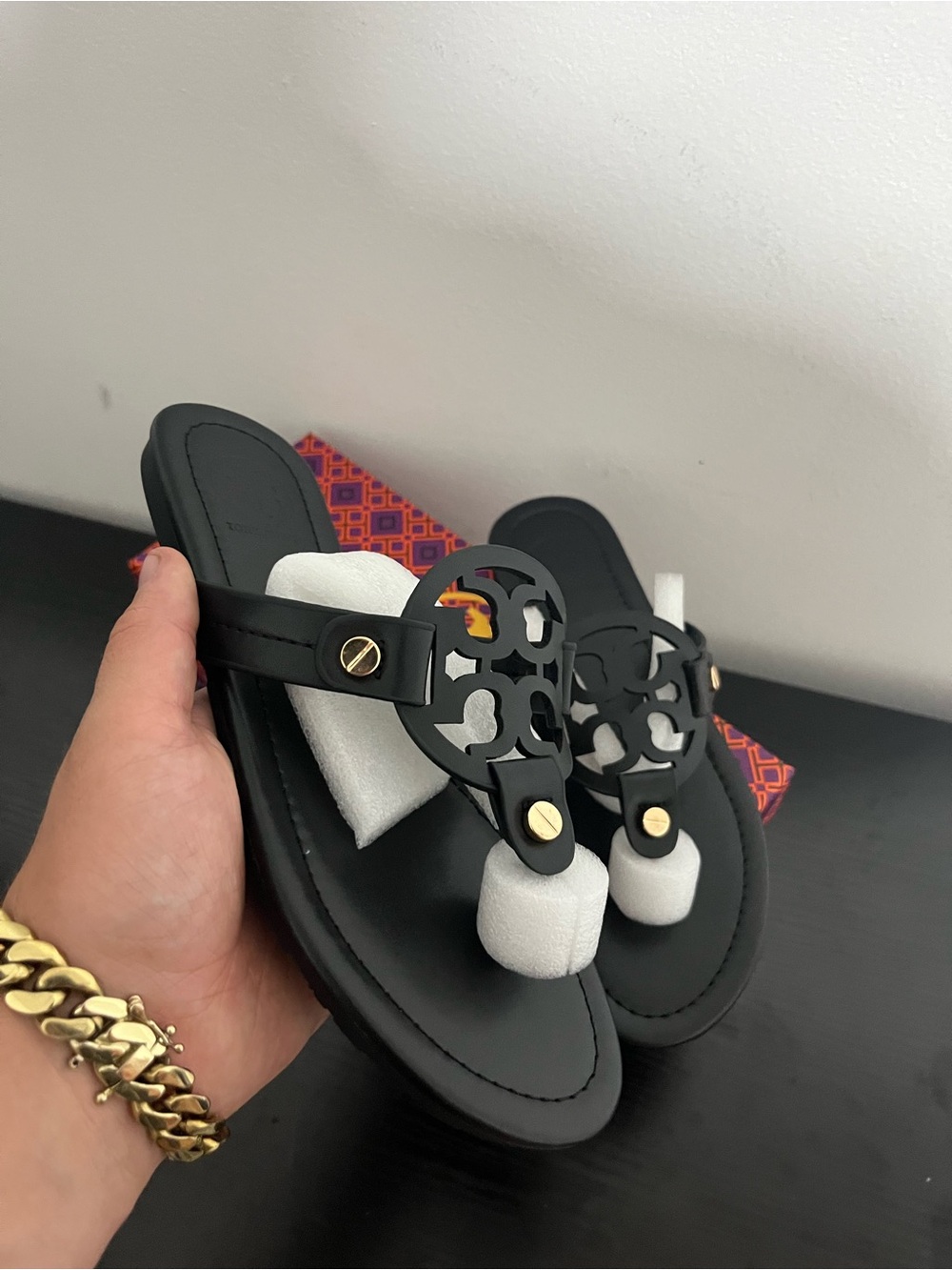 Tory Burch Black Logo Cutout Thong Sandals with Gold Studs